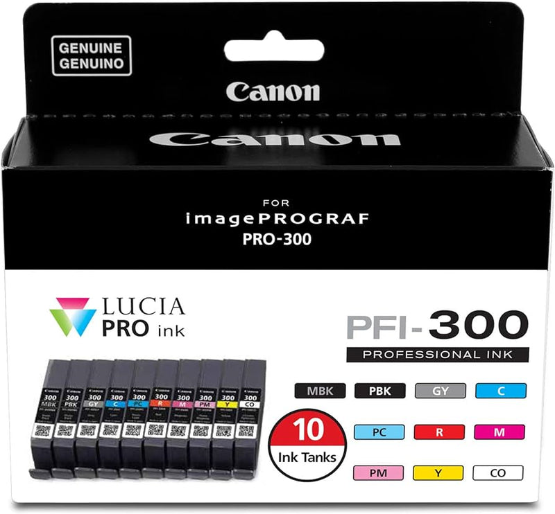 10x Pack Genuine Canon PFI-300 Ink Cartridge Set (1MBK,1C,1M,1Y,1R,1GY,1CO,1PBK,1PC,1PM) for Pro-300 Printer