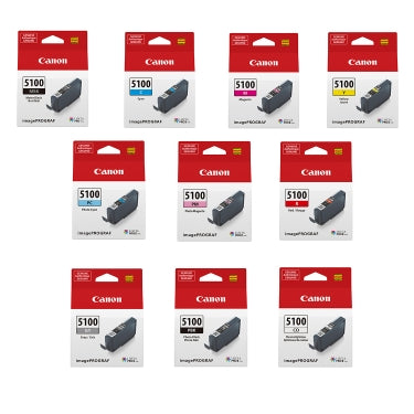 Bundle: 10x Pack Genuine Canon PFI-5100 Ink Cartridge Set for PRO-310 (1MBK,1C,1M,1Y,1R,1GY,1CO,1PBK,1PC,1PM)