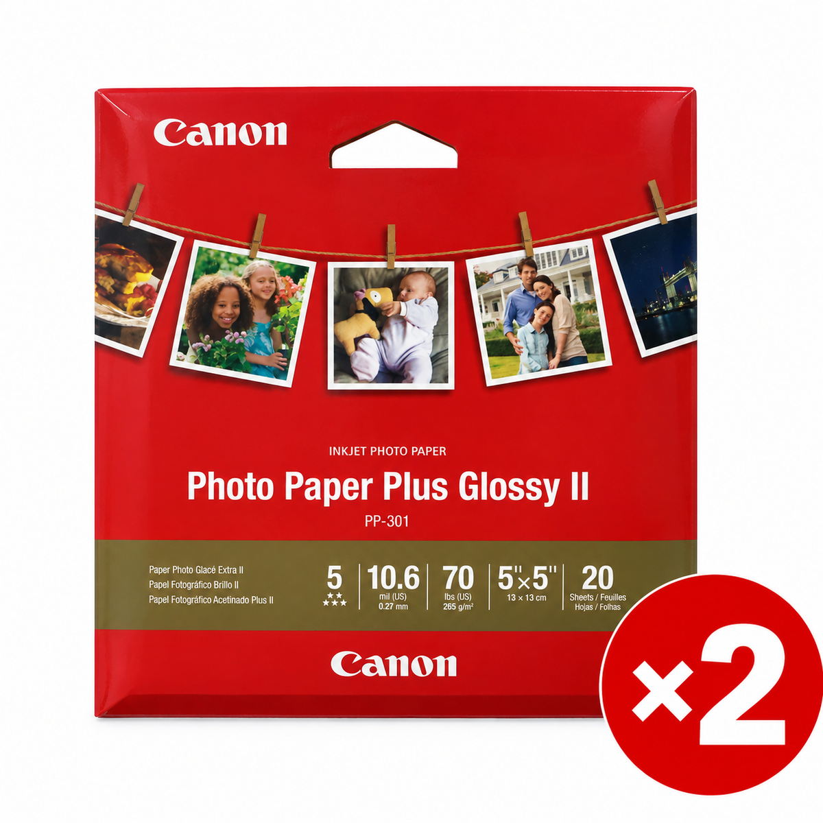 Canon PP-301 Photo Paper Plus Glossy II 5" x 5" Square 265gsm 20 Sheets [PP301 5x5-20] Bulk Saving