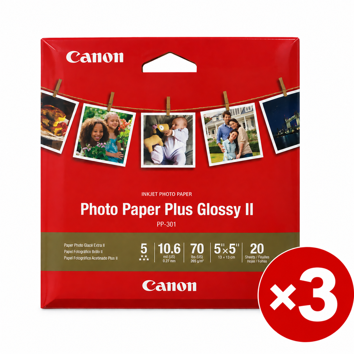 Canon PP-301 Photo Paper Plus Glossy II 5" x 5" Square 265gsm 20 Sheets [PP301 5x5-20] Bulk Saving