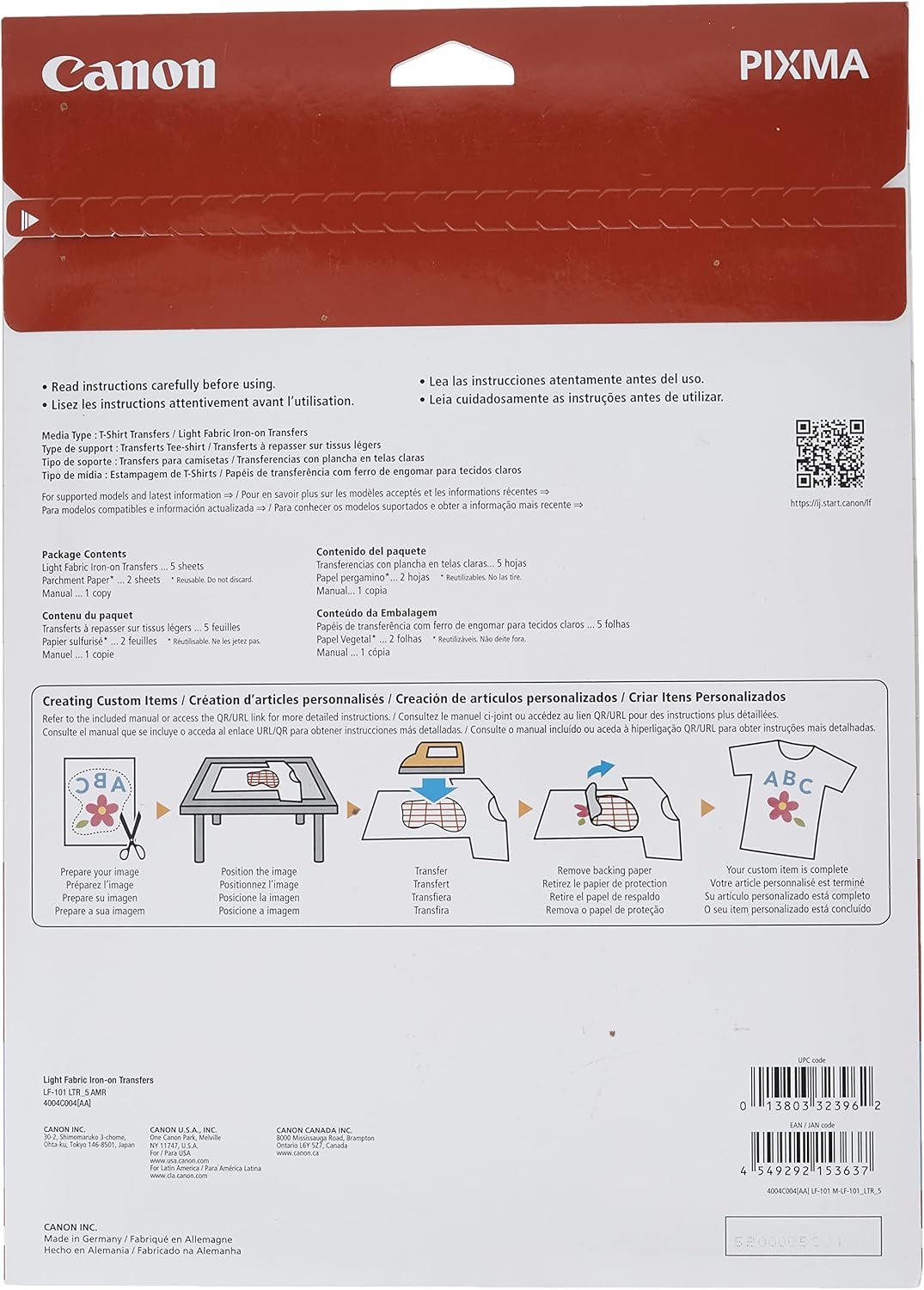 Genuine Canon LF-101 A4 Light Fabric Iron-on Transfer Inkjet Photo Paper 8.5”x11” 4004C004
