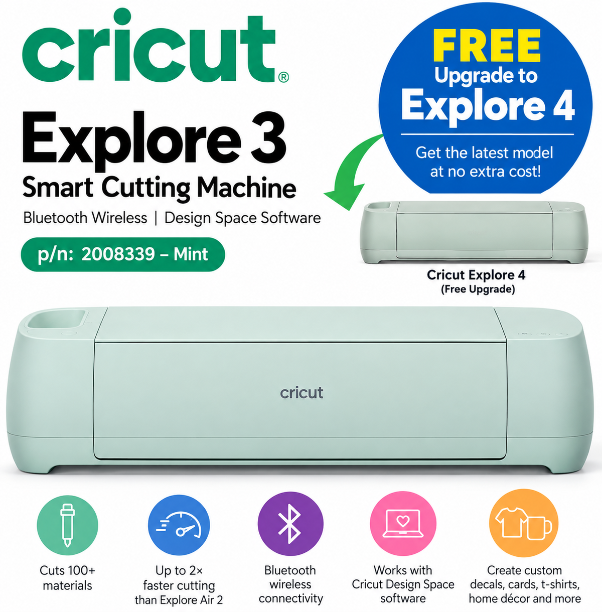 Cricut Explore 3 Cutting Machine Mint [2008339] – FREE Upgrade to Cricut Explore 4