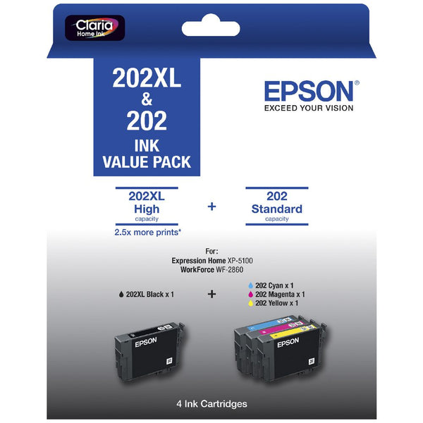 Epson #202Xl Black And Standard Ink Cartridge 4 Pack For Xp5100/Workforce Wf2860 [C13T02P996] -