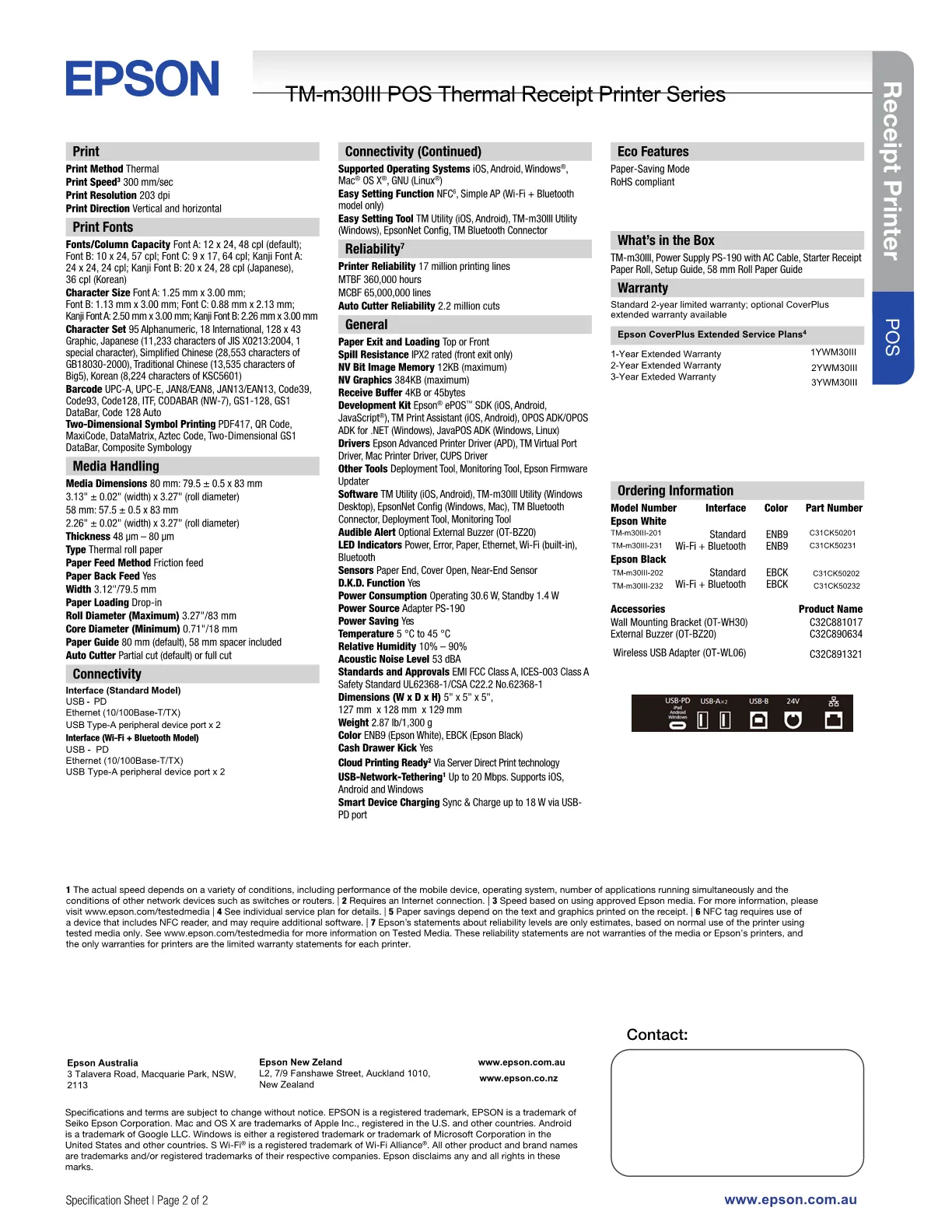 Epson TM-M30III-232 BlueTooth/USB Mobile Thermal Receipt Printer BLACK [C31CK50232]