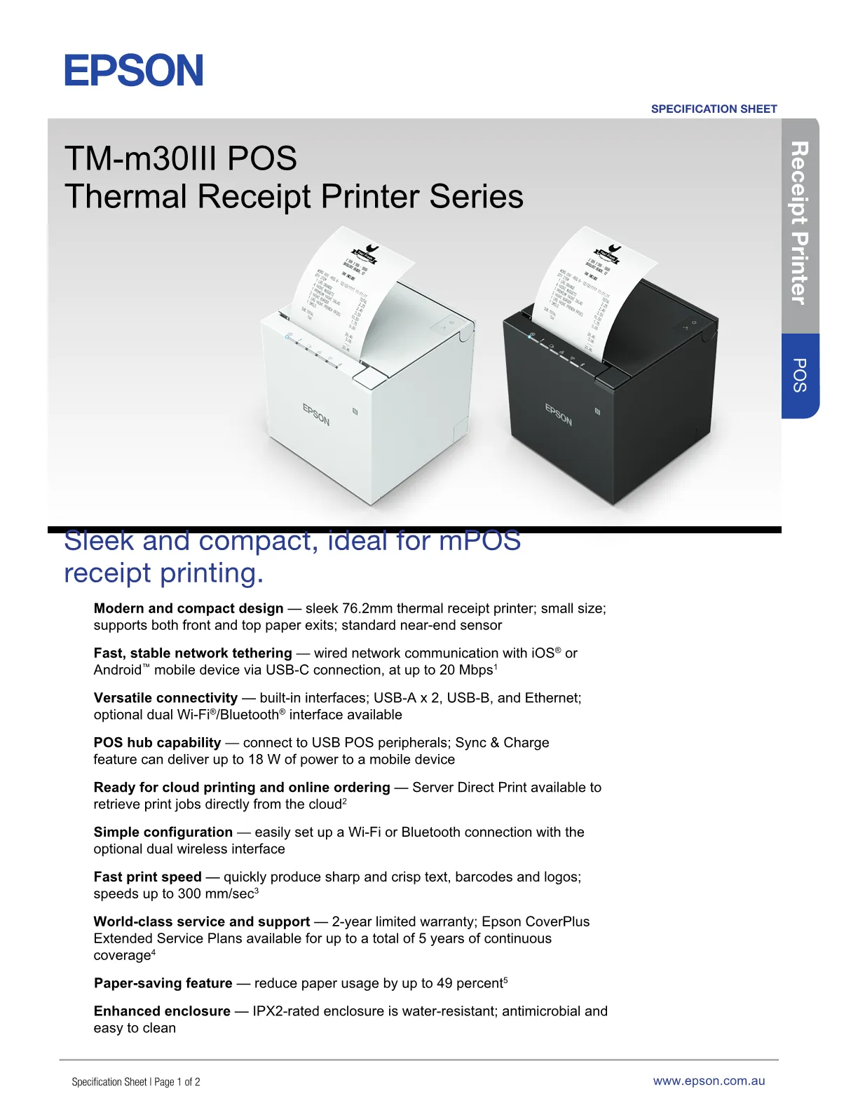 Epson TM-M30III-231 BlueTooth/USB Square Receipt Printer WHITE [C31CK50231]