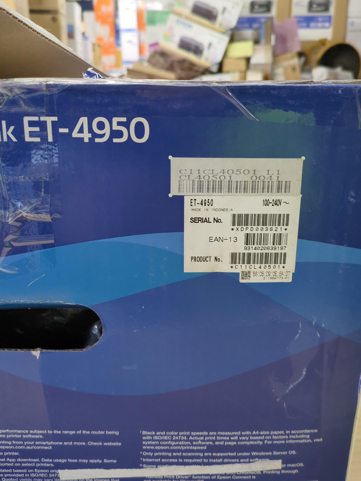 Ex Demo Epson EcoTank ET-4950 box label serial XDPD003621