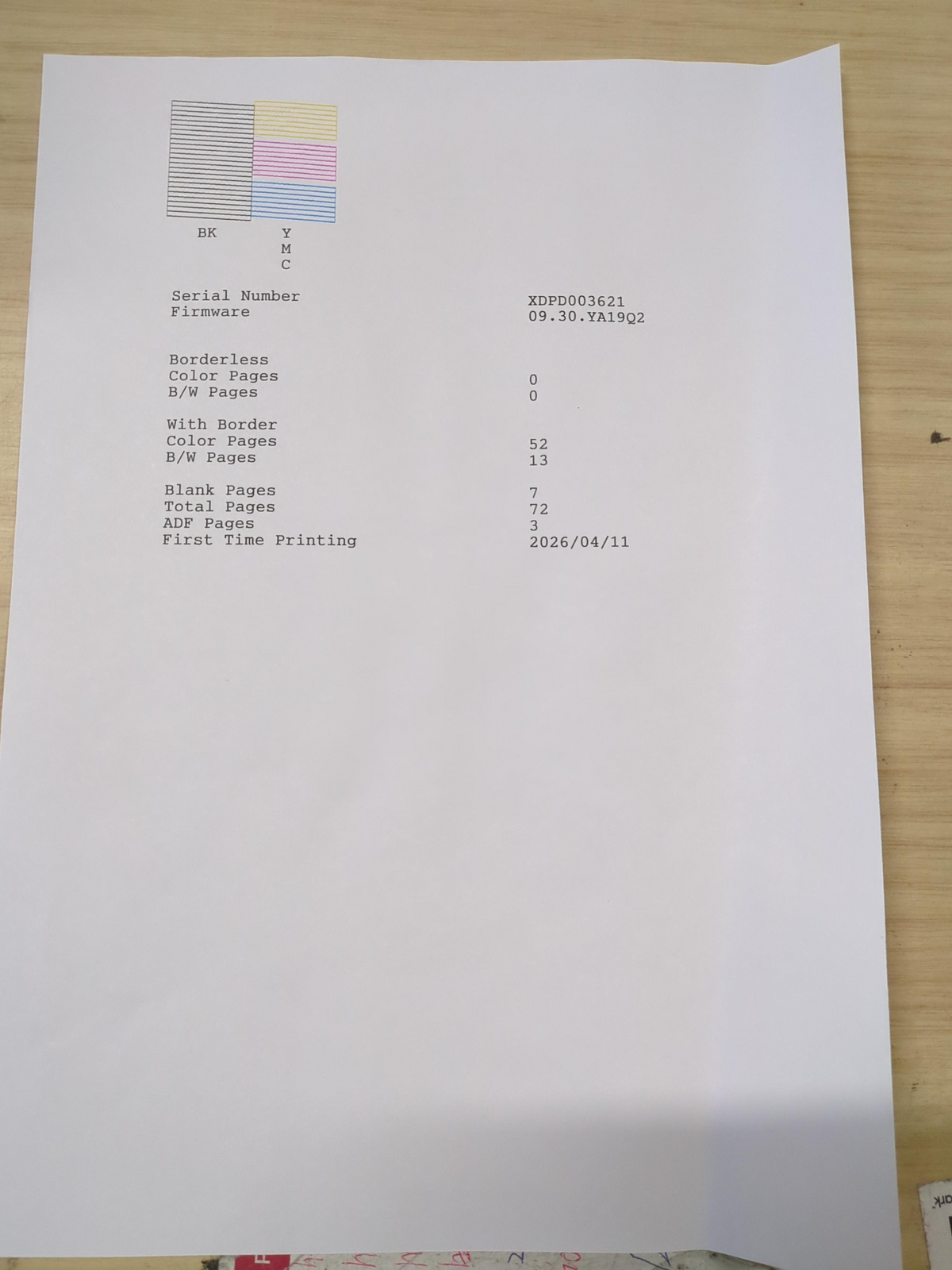 Ex Demo Epson EcoTank ET-4950 test page showing 72 total pages serial XDPD003621