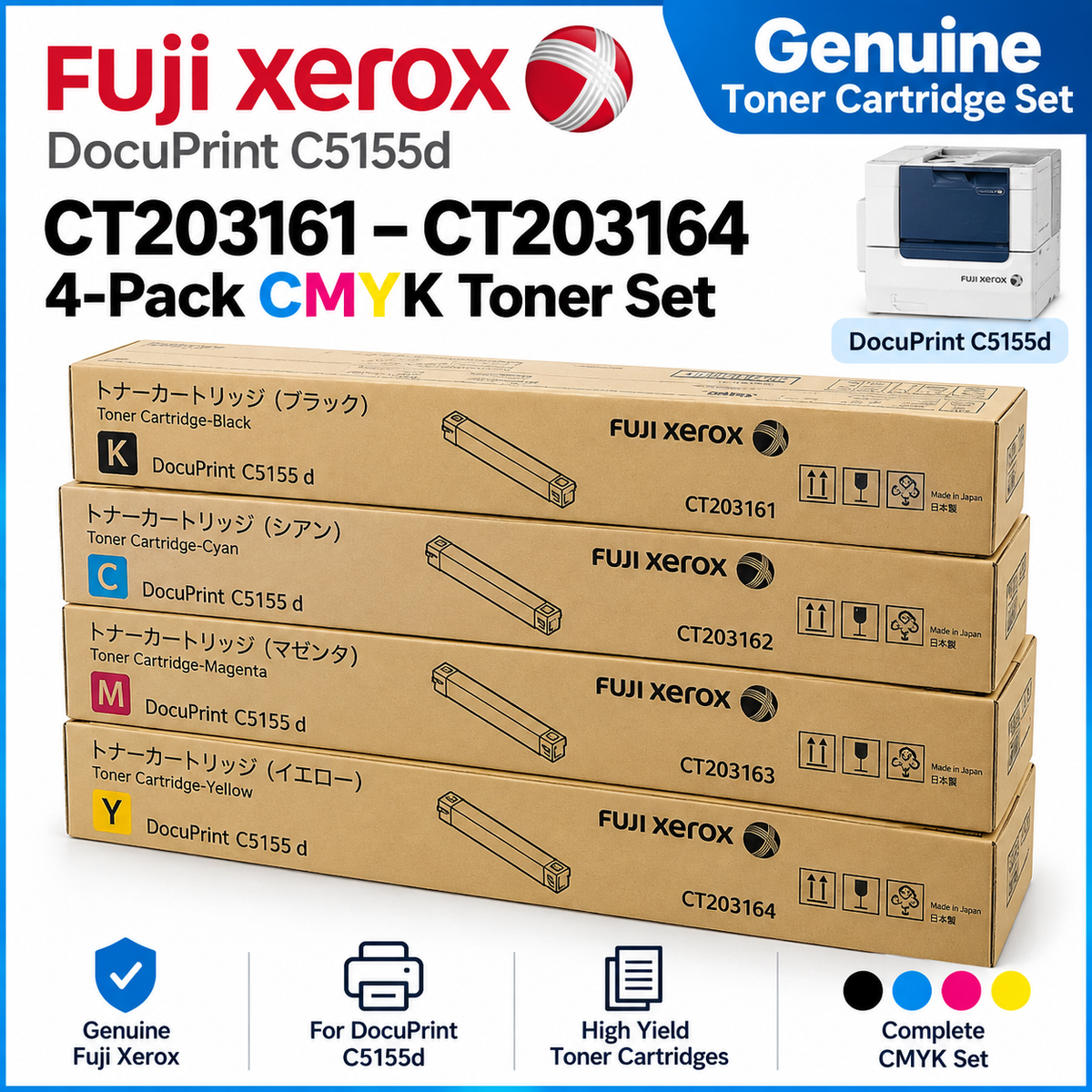 Bundle: 4x Pack Genuine Fuji Xerox DocuPrint C5155 C5155d C/M/Y/K Toner Cartridge Set [CT203161–CT203164]
