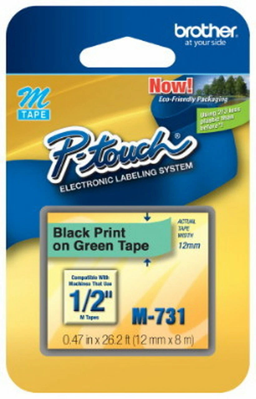Genuine Brother M731 Black on Green 12mm Labelling Tape for P-Touch Label Makers [M-731]