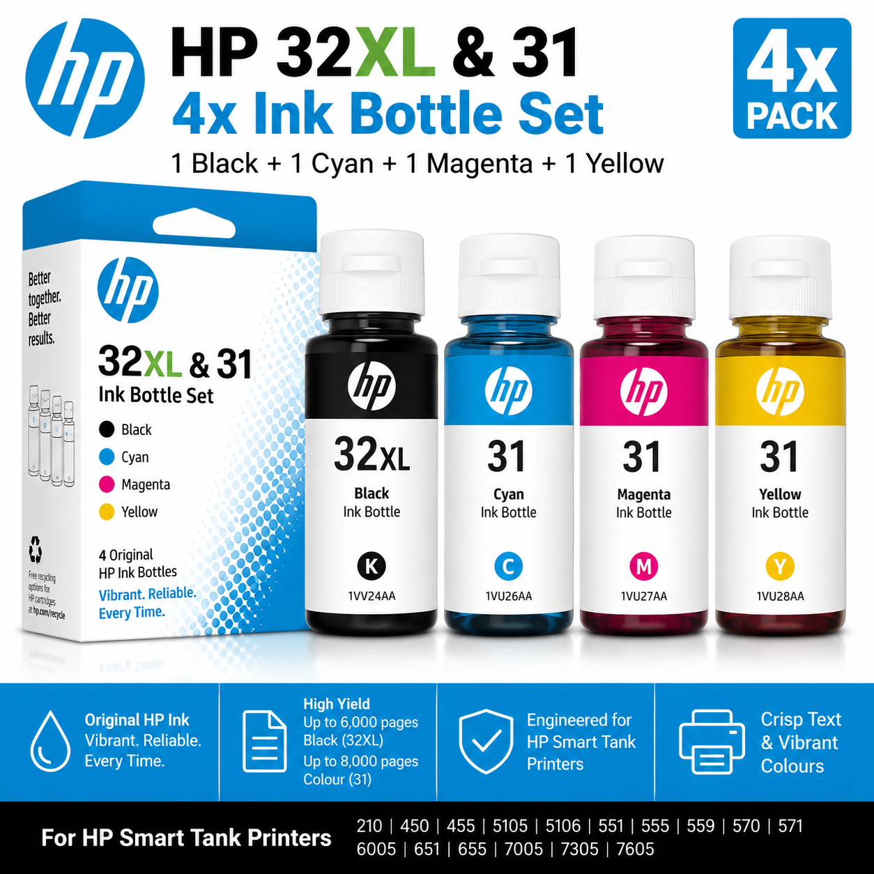 *Bundle* 4x Pack Genuine HP 32XL 31 Ink Bottle Set (1BK,1C,1M,1Y) 1VV24AA 1VU26AA 1VU27AA 1VU28AA