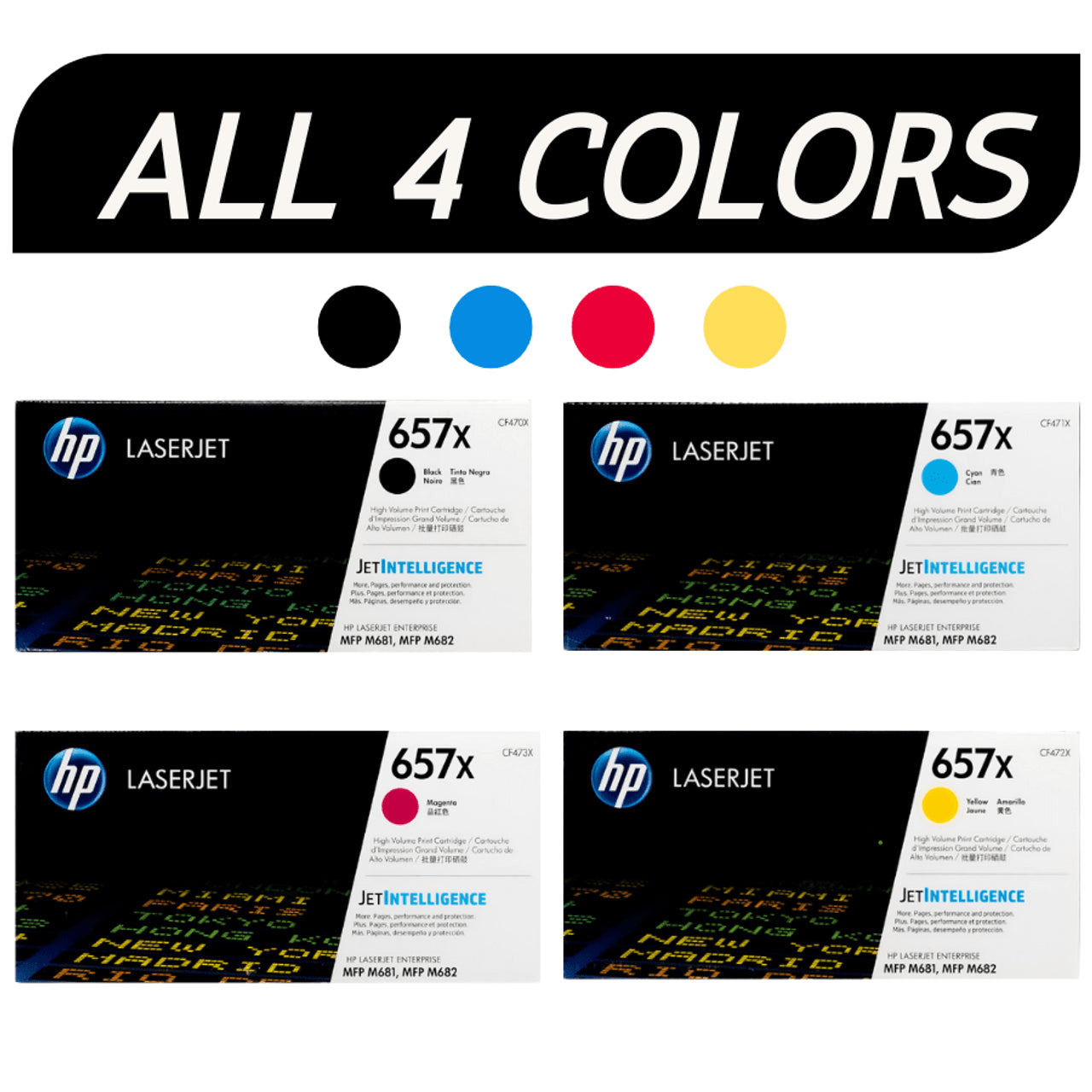 Genuine HP 657X Toner Cartridge Bundle – Cyan, Magenta, Yellow, Black High Yield for M681/M682 Series