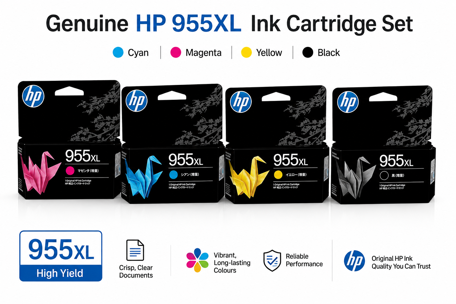 4x Pack Genuine HP 955XL Ink Cartridge Set (1BK,1C,1M,1Y) L0S72AA L0S63AA L0S66AA L0S69AA Bundle