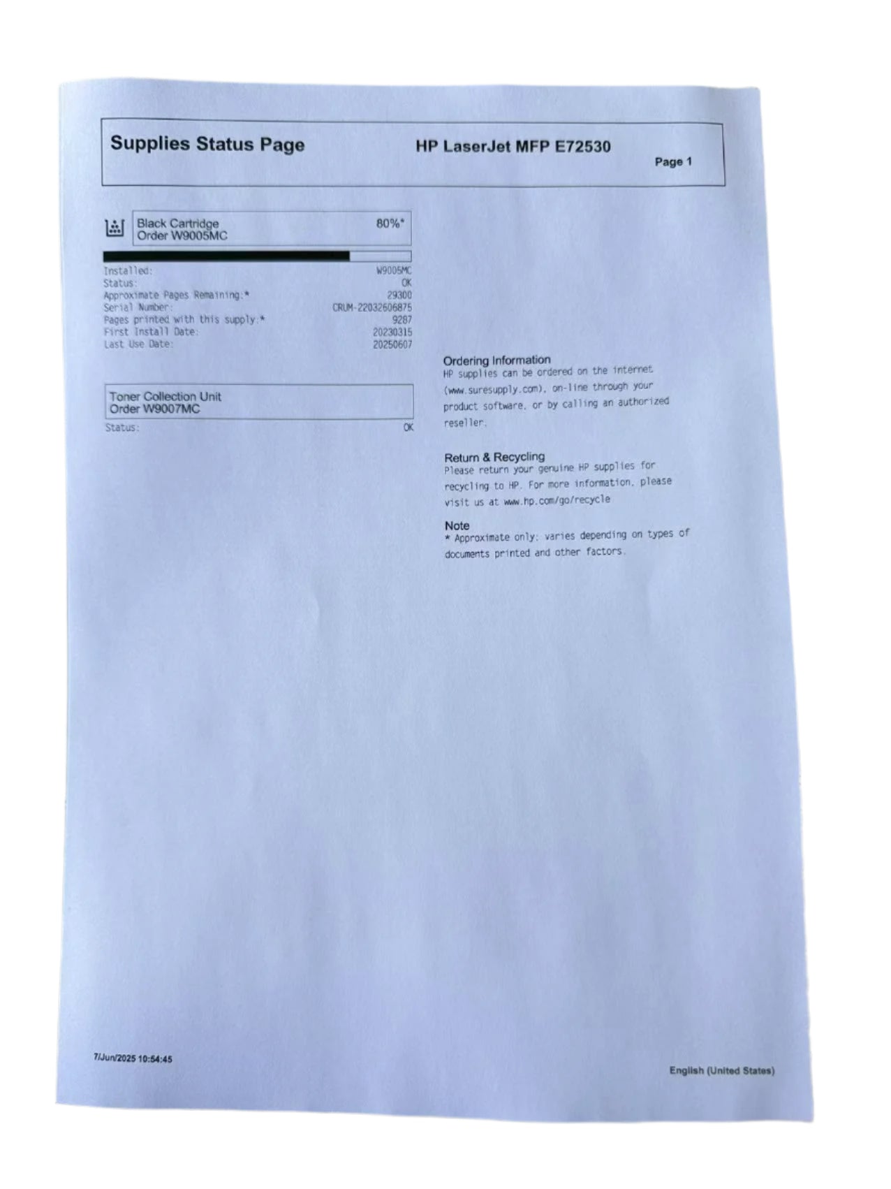 HP LaserJet MFP E72525dn/E72530dn A3 Mono Multifunction Laser Printer+Trays+Base 30PPM (Second Hand - Used) [Z8Z08A]