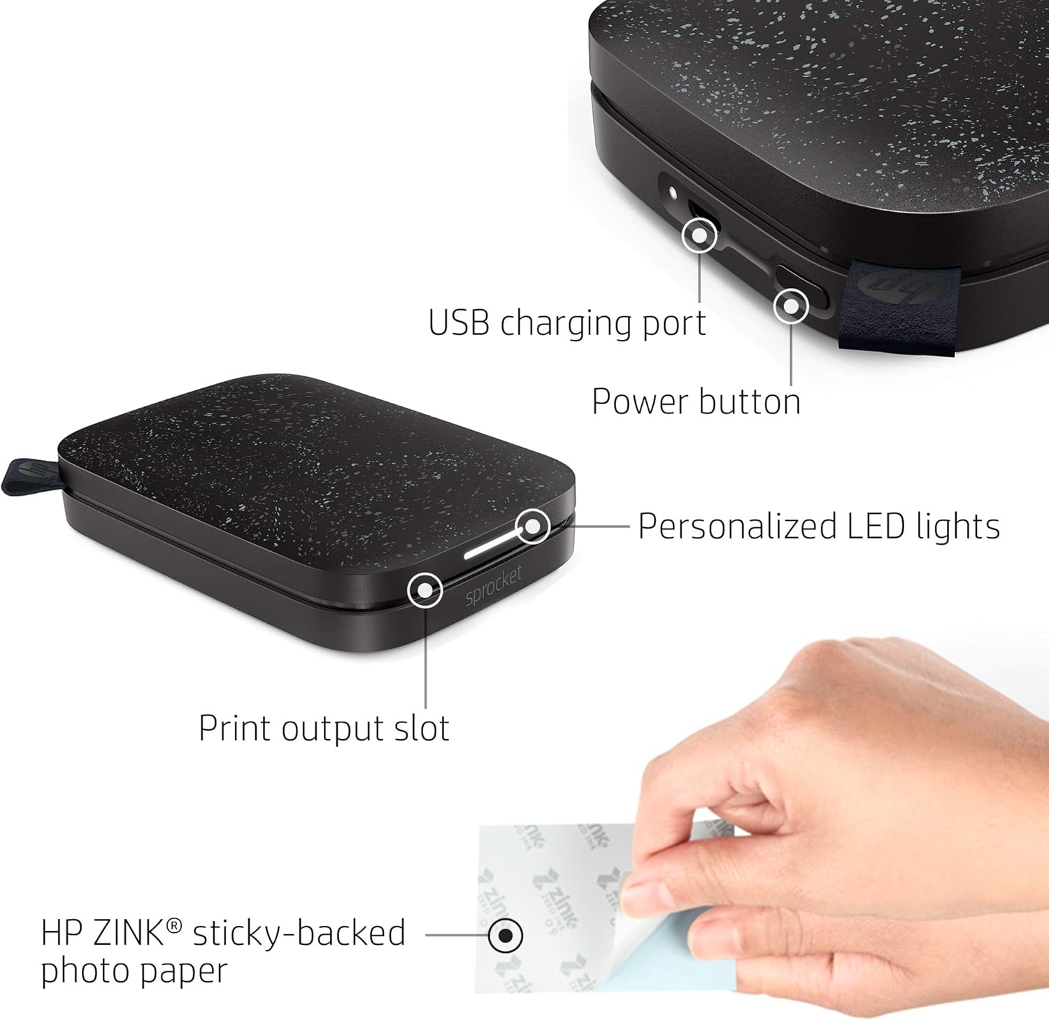 *Bundle* HP Sprocket Portable 2x3" Instant Photo Color Printer (Black Noir) Zink Paper+Carry Case