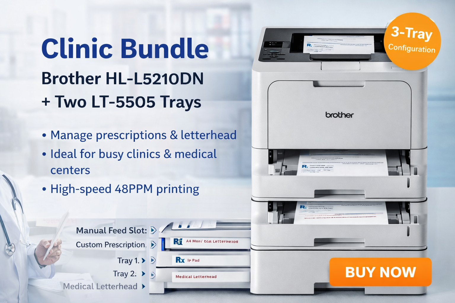 Bundle: Brother HL-L5210DNTT A4 Mono Laser Duplex Network Printer+2x LT-5505 Paper Tray
