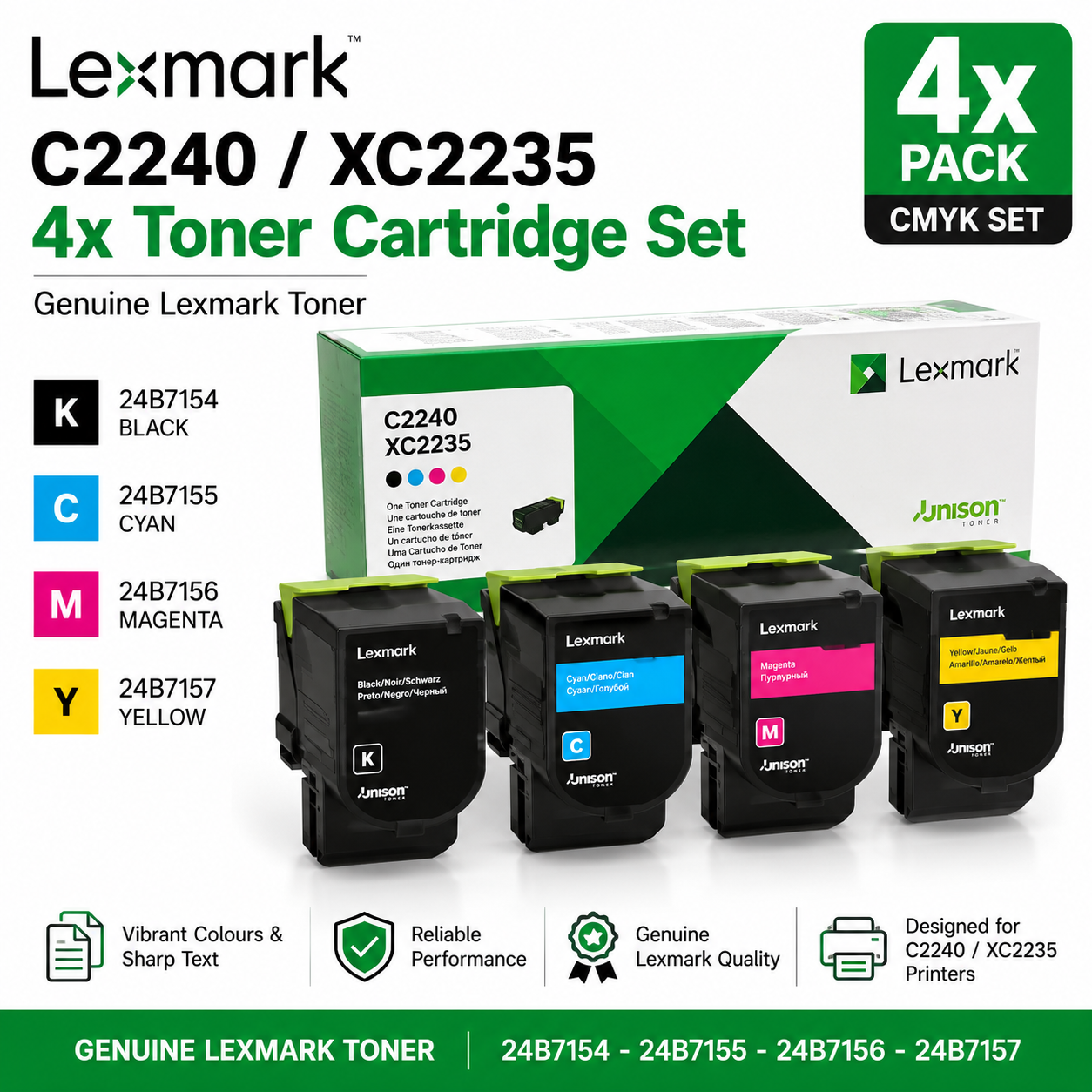 *Bundle* 4x Pack Genuine Lexmark BSD C2240 XC2235 C/M/Y/K Toner Set [24B7154-24B7157]