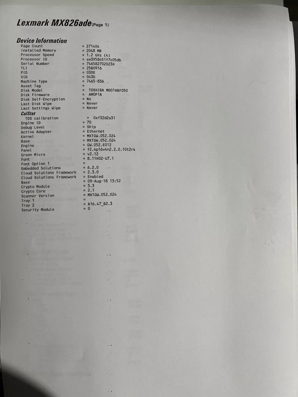 *Used!* Lexmark MX826ade A4 Mono Laser Multifunction Printer 70PPM 271K Pages [25B0916]