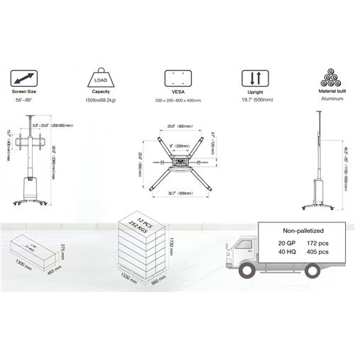 *Open Box* North Bayou TW-85 Motorised Height Adjustable Mobile Cart for 55" - 85" TVs