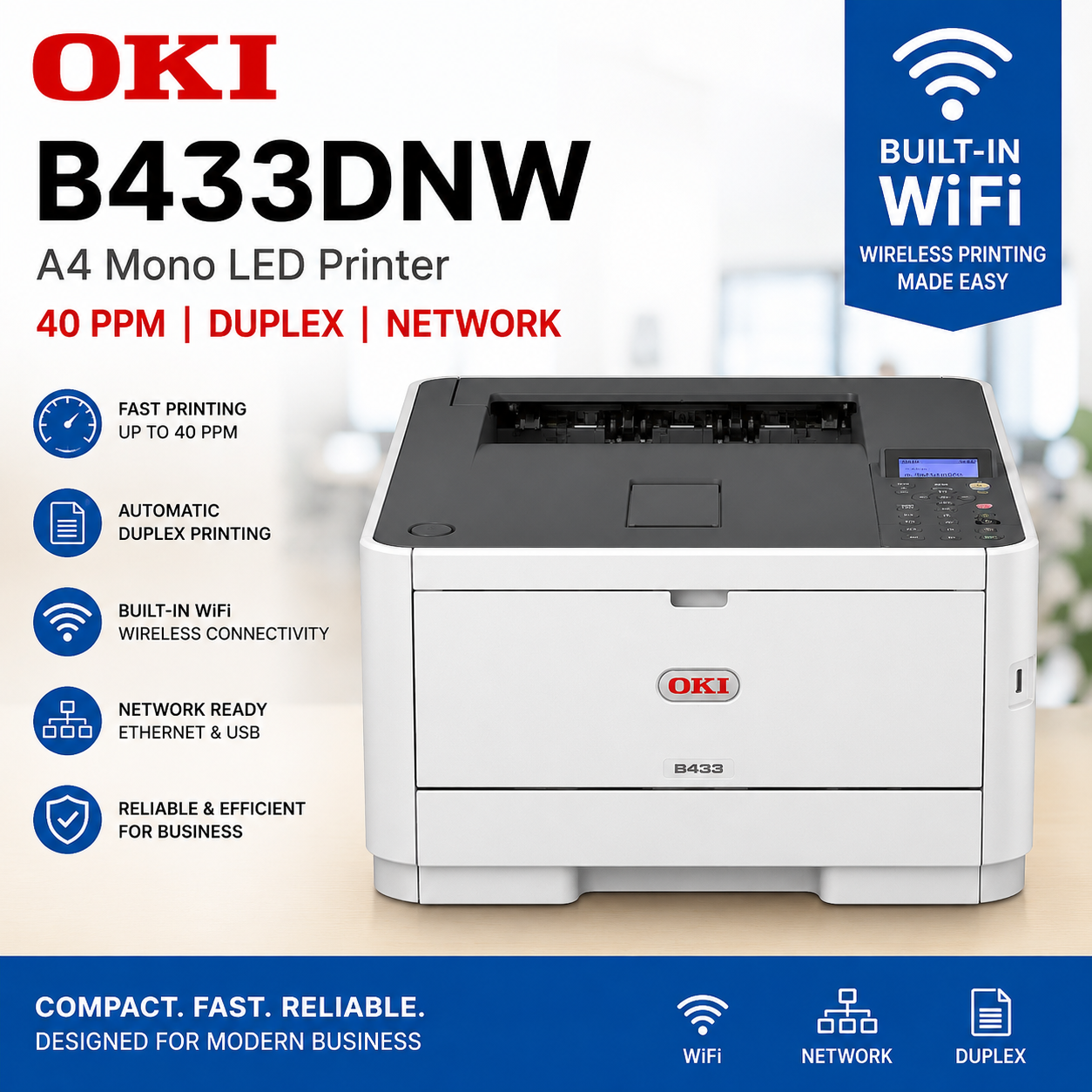 OKI B433DNW A4 Mono Laser LED Wireless Network Printer+Duplex 40PPM 45830222