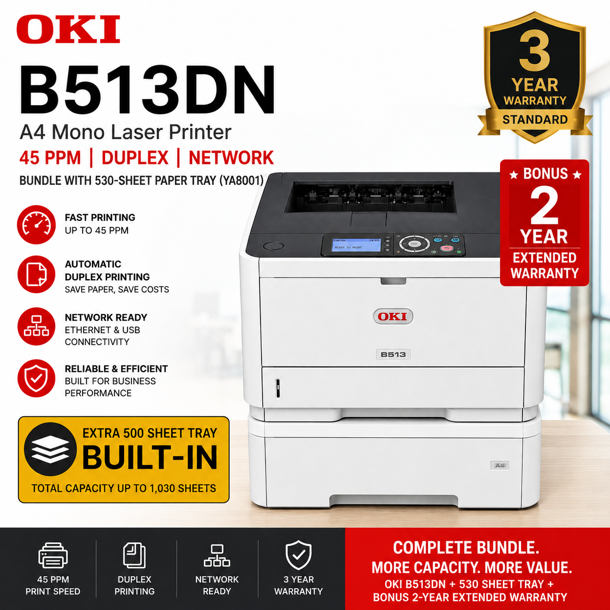 Bundle:OKI B513DNT A4 Mono Laser Duplex Printer 45PPM+3-Year Wty+530 Sheet Paper Tray [YA8001-6500G056]