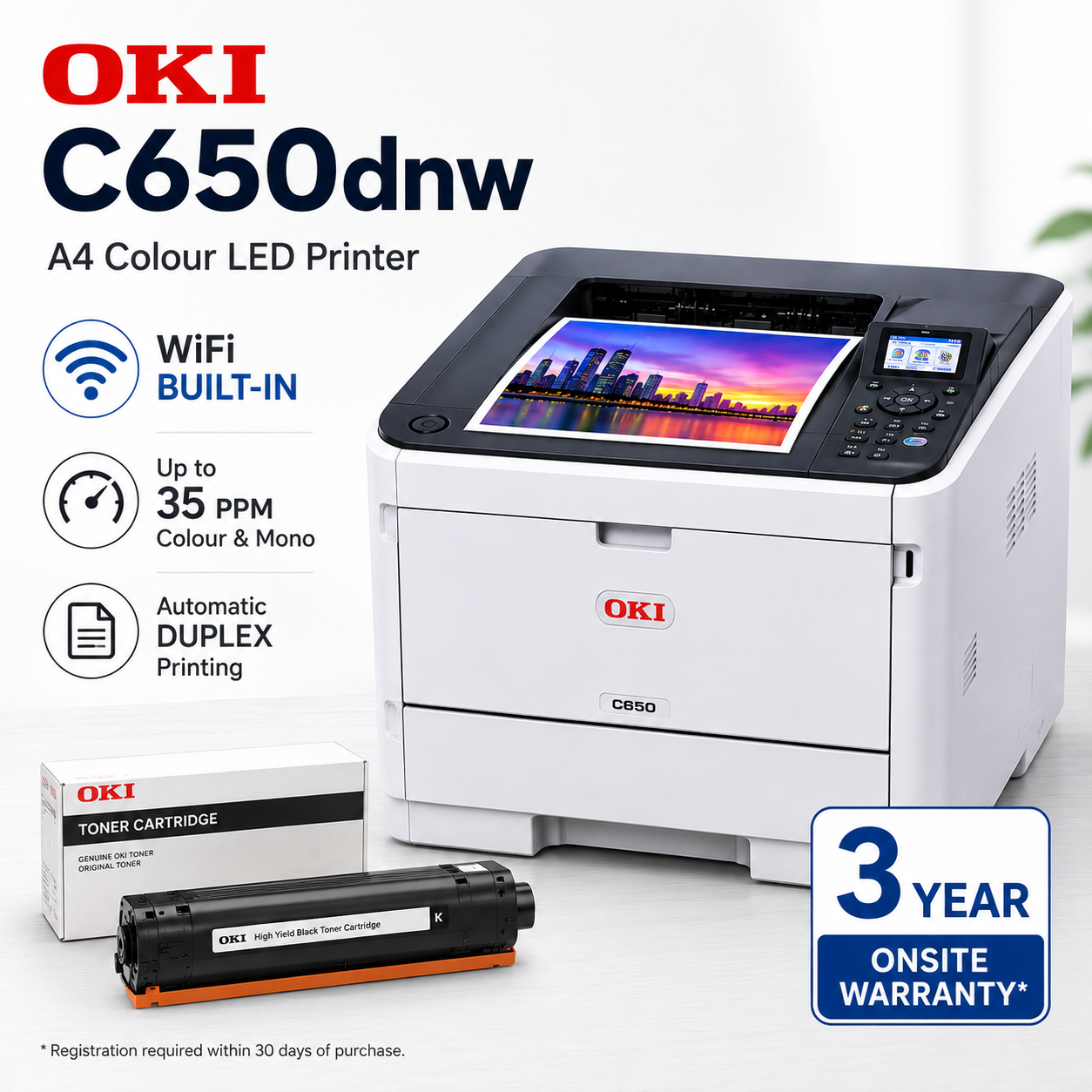 OKI C650dnw A4 LED Colour Laser Network Printer 35PPM+BONUS: WiFi Card 45830222