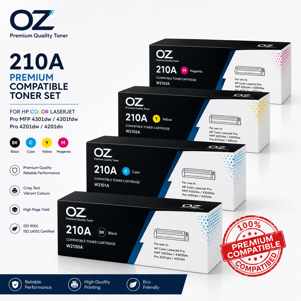 OZ #210A Compatible Toner Set for HP Color LaserJet Pro MFP 4301dw 4301fdw Pro 4201dw 4201dn W2100A-W2103A