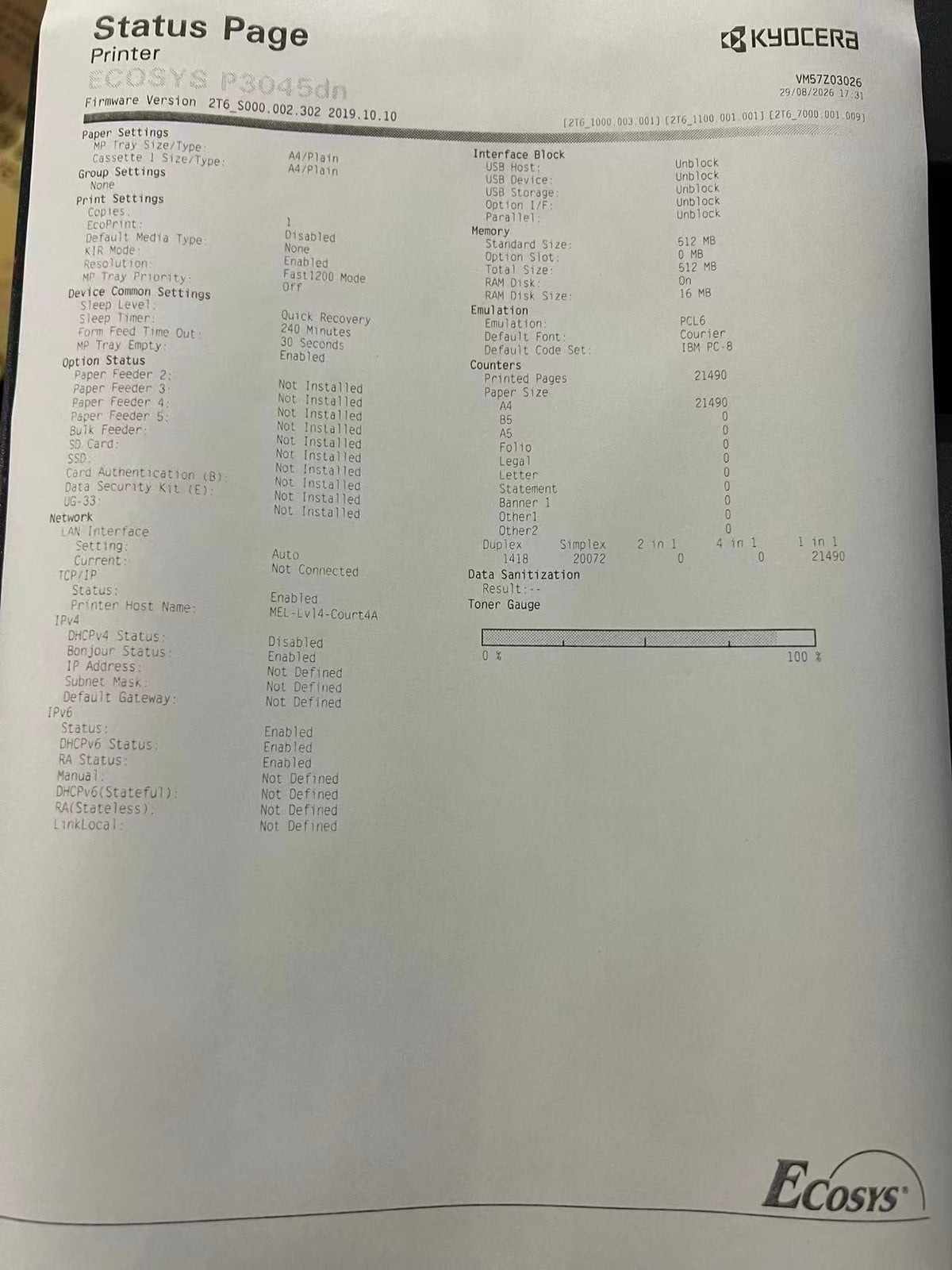 Ex-Leasing Unit Kyocera ECOSYS P3045dn A4 Mono Laser Printer TK-3164 1102S23NL0
