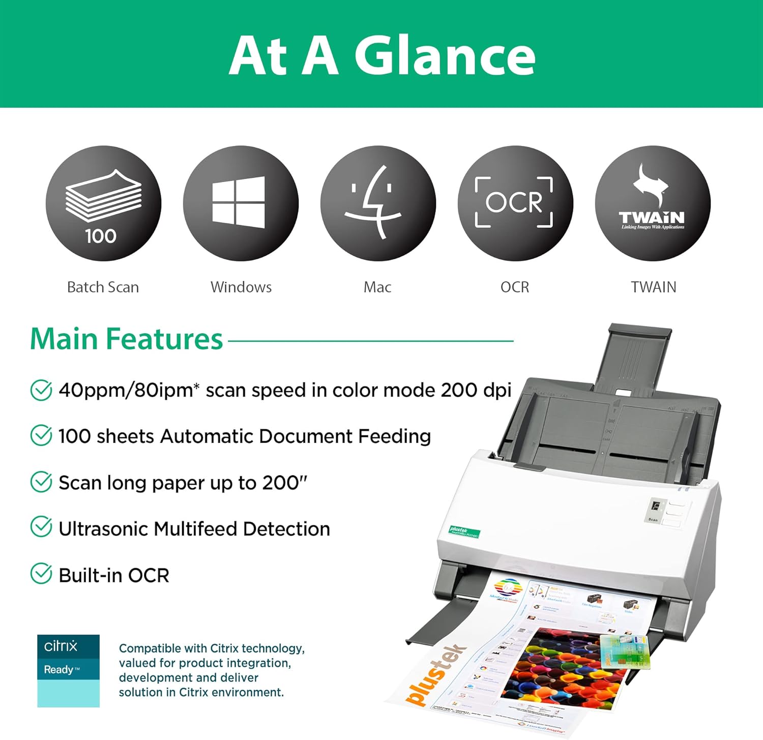 Plustek PS3140U Duplex Document Scanner 40ppm 100-Sheet ADF Citrix Ready & Twain Support