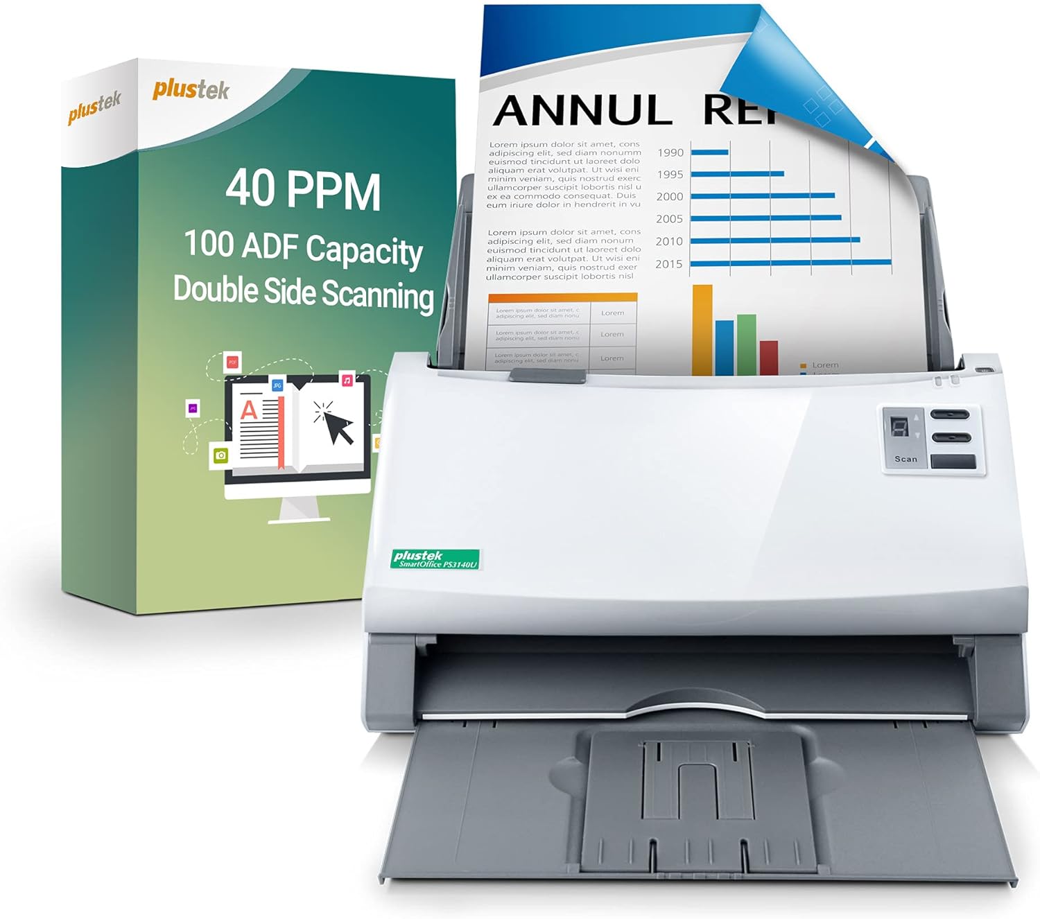 Plustek PS3140U Duplex Document Scanner 40ppm 100-Sheet ADF Citrix Ready & Twain Support