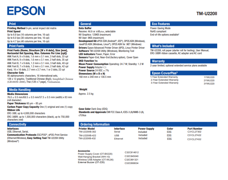Epson TM-U220IIB-422 USB Kitchen Receipt & Ticket Printer+Auto Cutter [C31CL27422]