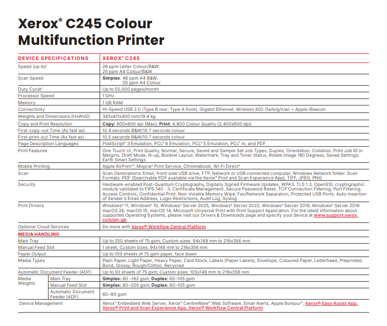 Xerox C245 Wireless A4 Colour Laser Multifunction Printer Duplex WiFi Ethernet [100S14966] 25PPM