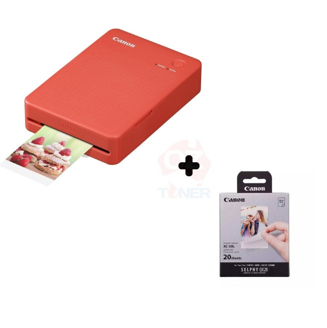 Bundle: Canon Selphy Square QX20 Photo printer QX20-RD RED+ XC-20L Selphy Square Photo paper [20x sheets]