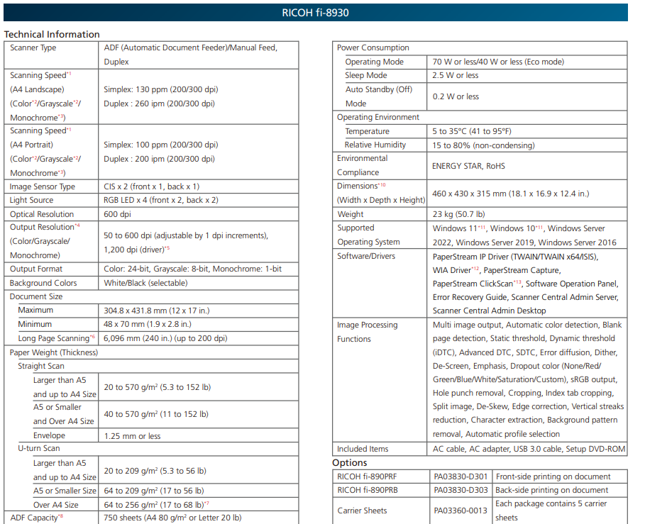 Ricoh FI-8930 A3 High Speed Document Scanner 130 ppm / 260 ipm  ADF/USB3.1 [FI-8930]]