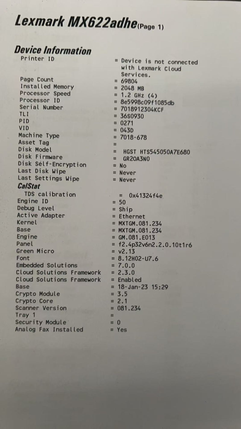 *RFB*Lexmark MX622ADHE A4 Mono Laser Multifunction Printer 50PPM [36S0934] *Ex-Leasing Unit*