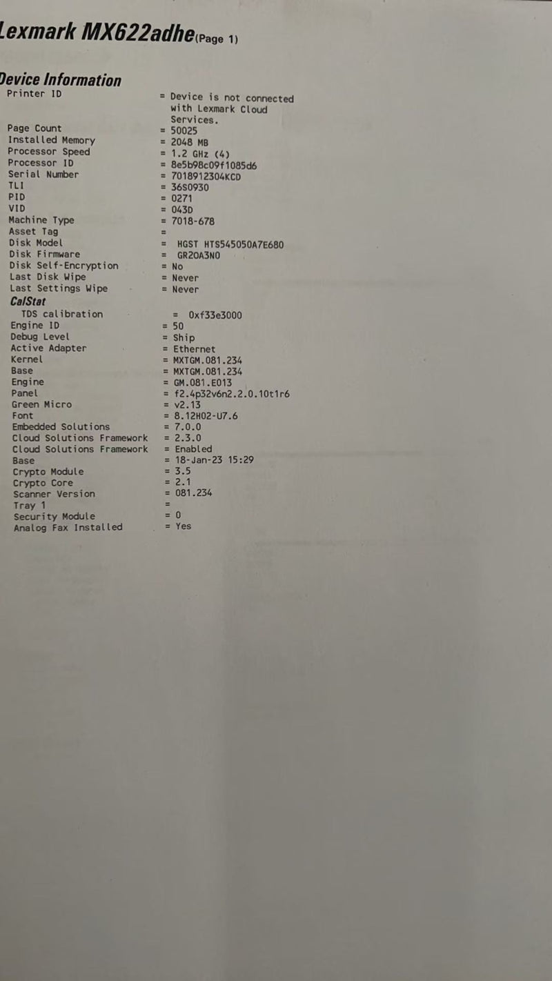 *RFB*Lexmark MX622ADHE A4 Mono Laser Multifunction Printer 50PPM [36S0934] *Ex-Leasing Unit*