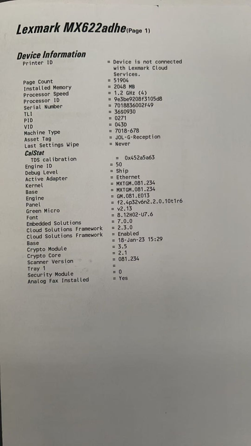 *RFB*Lexmark MX622ADHE A4 Mono Laser Multifunction Printer 50PPM [36S0934] *Ex-Leasing Unit*