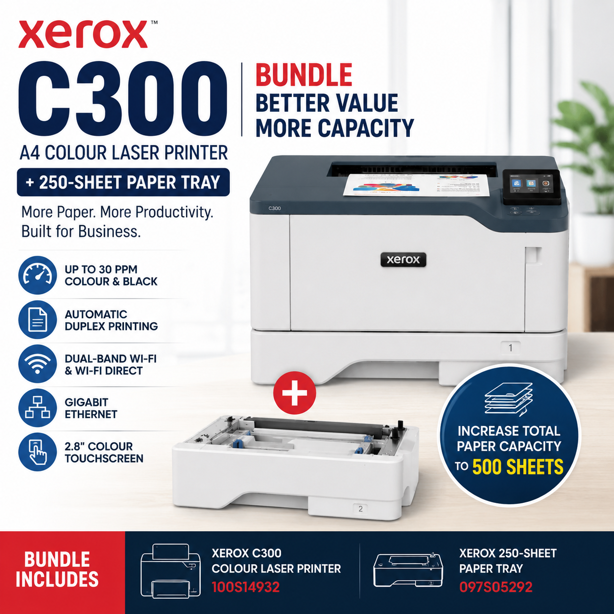 *Bundle* Xerox C300 A4 Colour Laser Printer+250-Sheet Paper Tray [100S15048+097S05292]