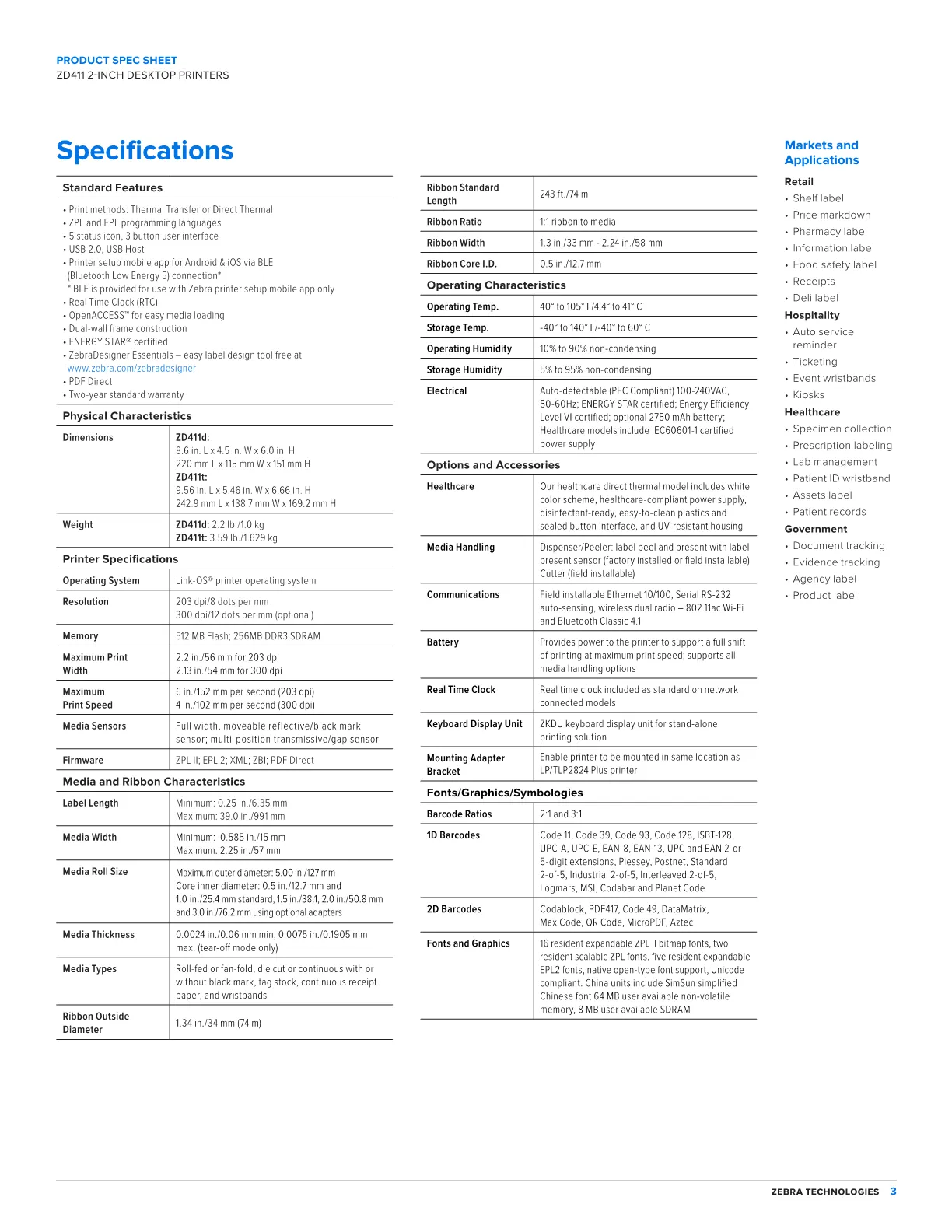Zebra ZD411D Direct Thermal 2-Inch Desktop Printer Healthcare 203dpi USB+BlueTooth[ZD4AH22-D0PW02EZ]