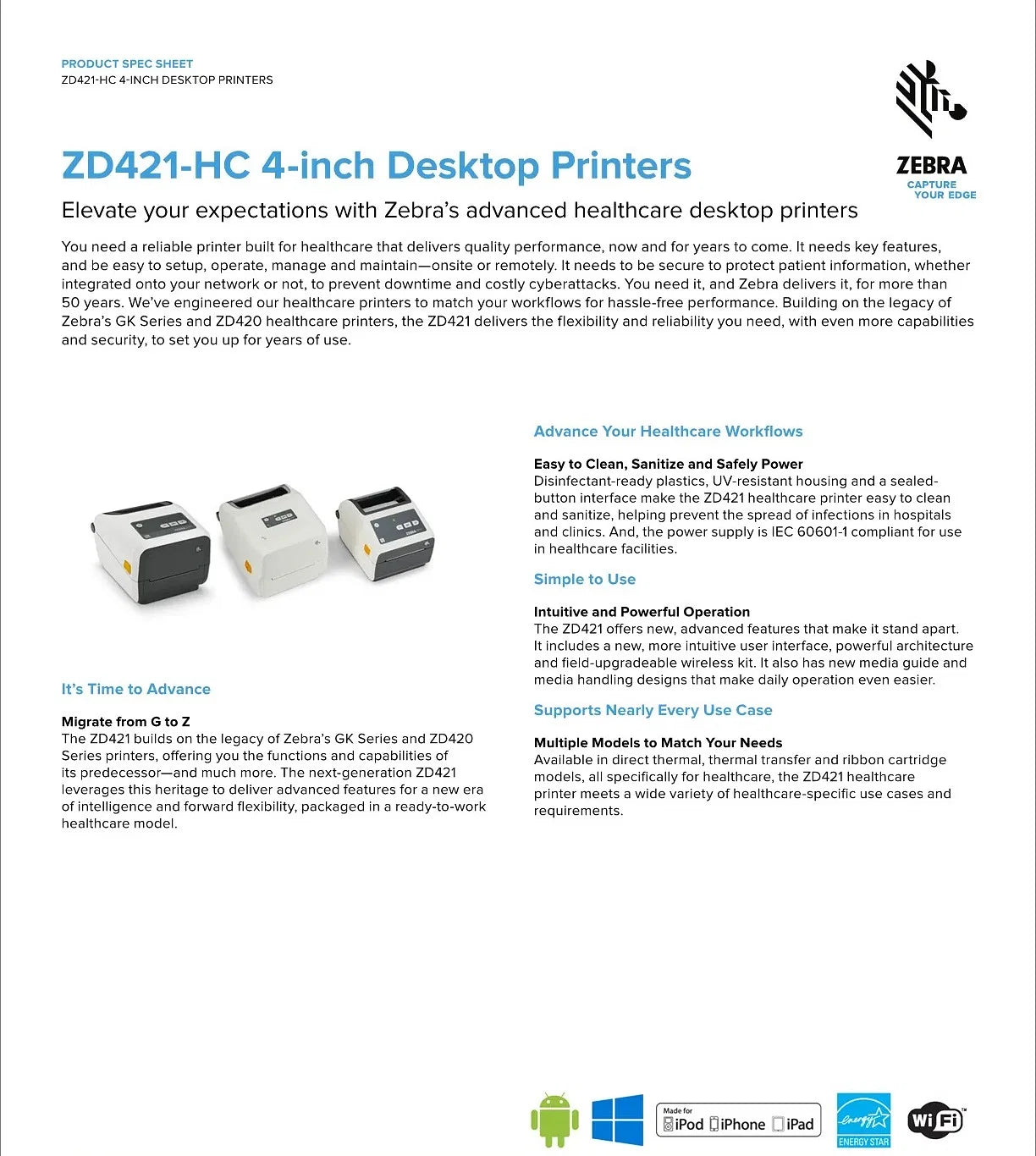 Zebra ZD421D Direct Thermal Printer 300dpi USB/BLUETOOTH [ZD4A043-D0PM00EZ]