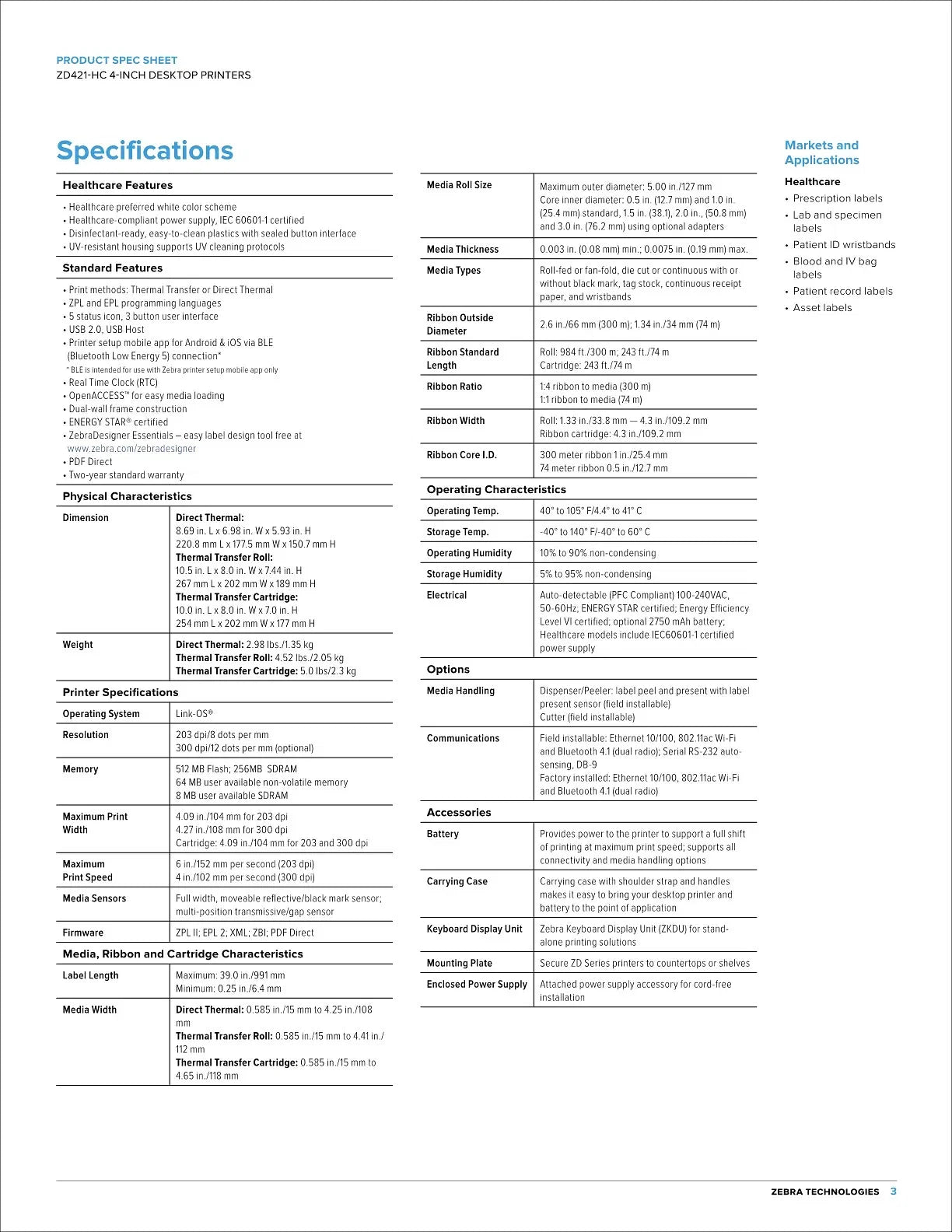 Zebra ZD421D Direct Thermal Printer 300dpi USB/BLUETOOTH [ZD4A043-D0PM00EZ]
