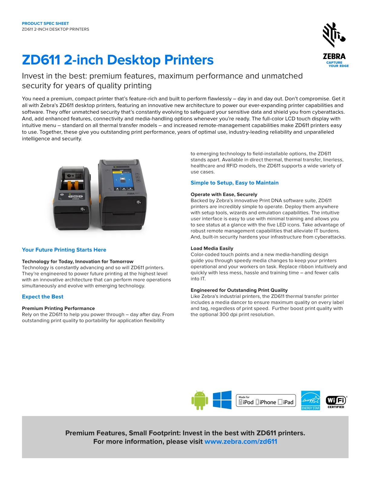 Zebra ZD611D Direct Thermal 2-Inch Compact Desktop Printer 203dpi USB/Ethernet/BlueTooth [ZD6A022-D0PE00EZ]