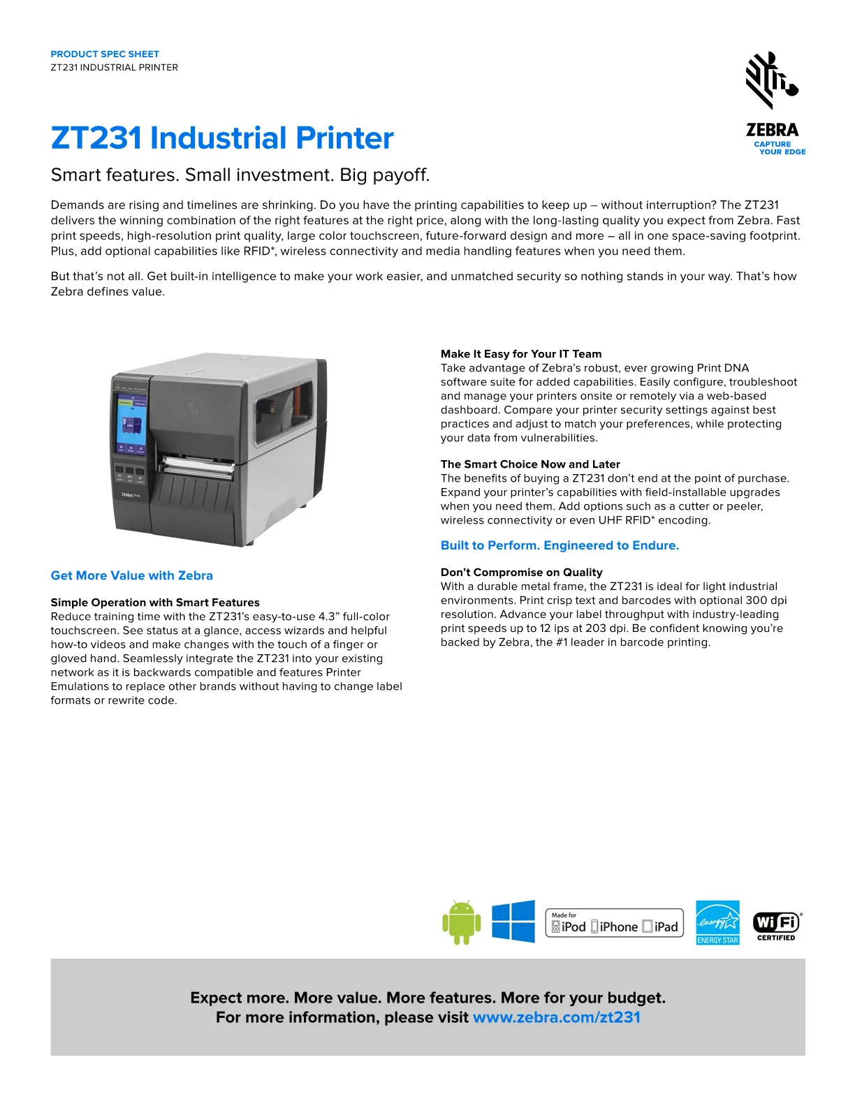 Zebra ZT231T 4-Inch Thermal Transfer Label Printer 300dpi USB/Serial/Ethernet/BT [ZT23143-T0P000FZ]