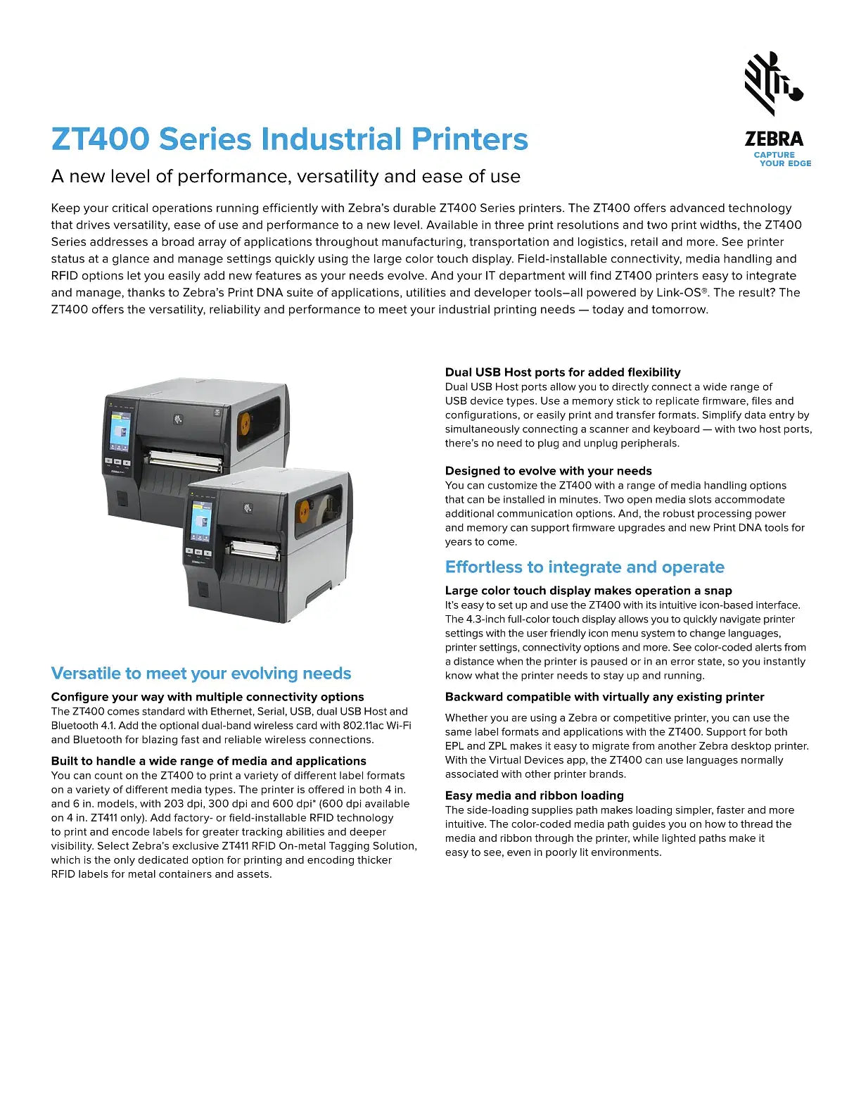 Zebra ZT411T Thermal Transfer Barcode Printer 4-inch 300dpi SERIAL USB 10/100 ETHERNET BLUETOOTH 4.1/MFI USB [ZT41143-T0P00C0Z]