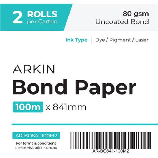 Arkin A0 Large Format Printer Bond Paper 80Gsm - 841Mm X 100M (2 Rolls) [Chbo80841100]