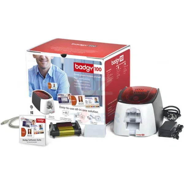 Badgy 100 Color Plastic Id Card Printer & Complete Supplies Package With Bodno Solution Software