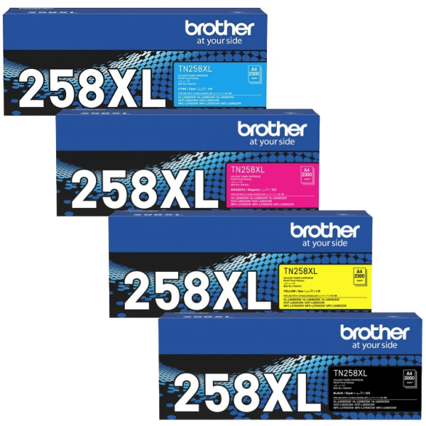 Bundle: 4X Pack Genuine Brother Tn-258Xl C/M/Y/K Toner Cartridge Set High Yield -