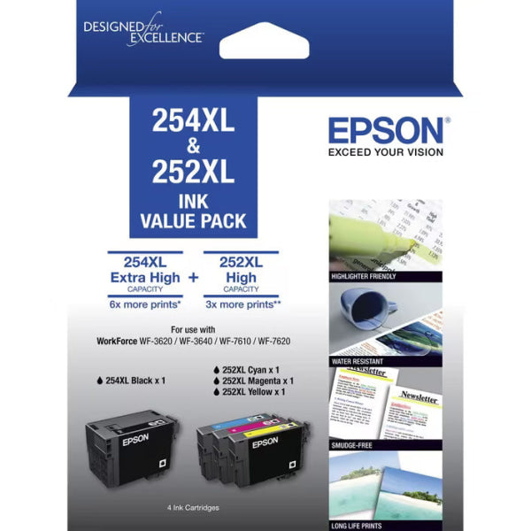 Bundle: 4X Pack Genuine Epson #254Xl-Bk & 252Xl-C/M/Y Ink Cartridge Value [C13T254696]