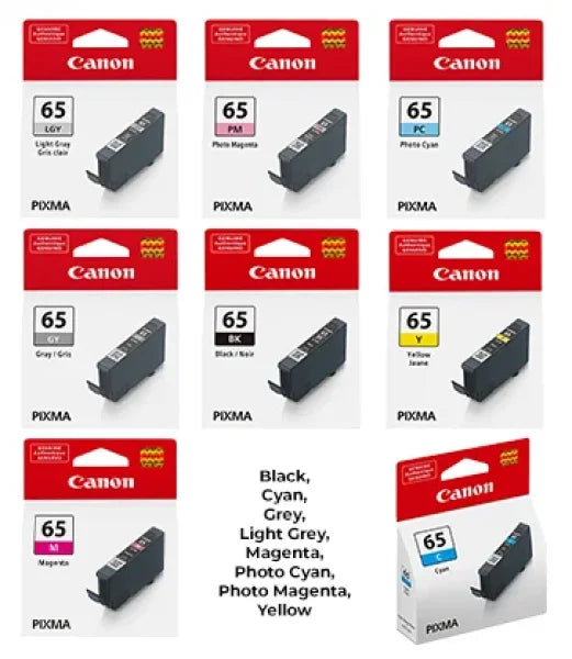 Bundle: 8X Pack Genuine Canon Cli-65 Ink Cartridge Set For Pro200 (1Bk 1C 1M 1Y 1Gy 1Lgy 1Pc 1Pm) -