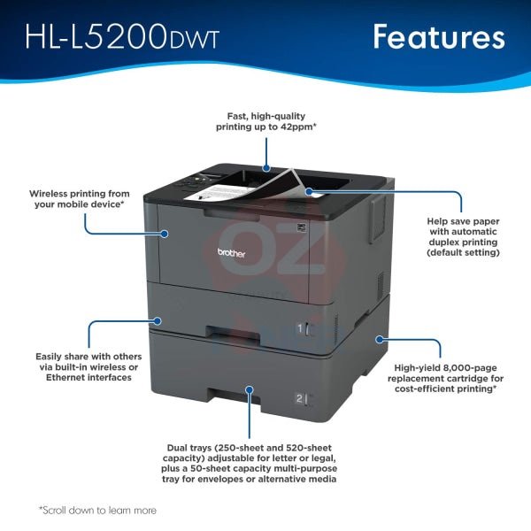 Bundle: Brother Hl-L5100Dn High Speed A4 B&W Laser Printer + Lt5500 Paper Tray [Hl-L5100Dtn]