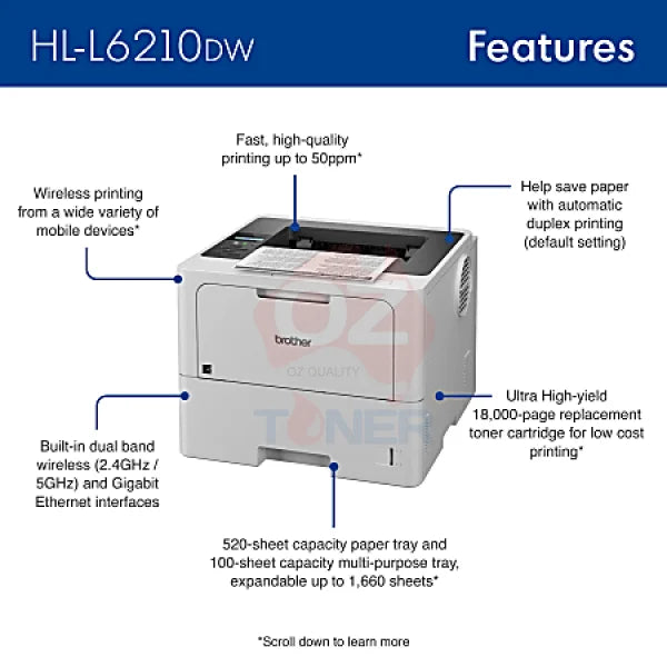 Bundle: Brother Hl-L6210Dw A4 Wireless Business Mono Laser Printer + Lt-6505 Tray [Hll6210Dtw]